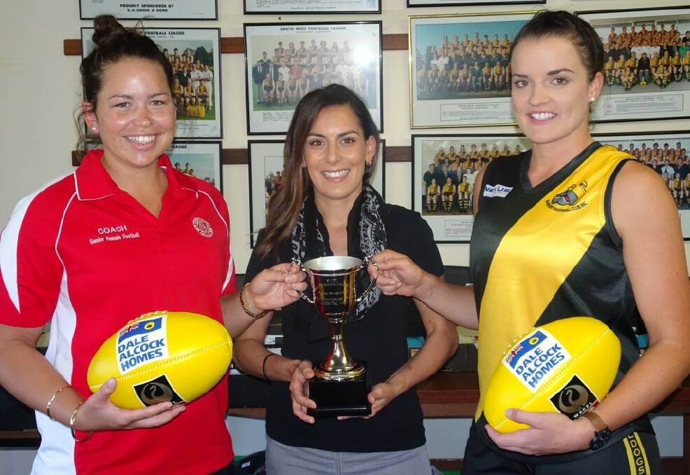South Bunbury's Tegan Smith, Brooke Fiore and Bunbury's Trish Lake with the Cup to be awarded to the best team in the round robin competition. Photo: SWFL