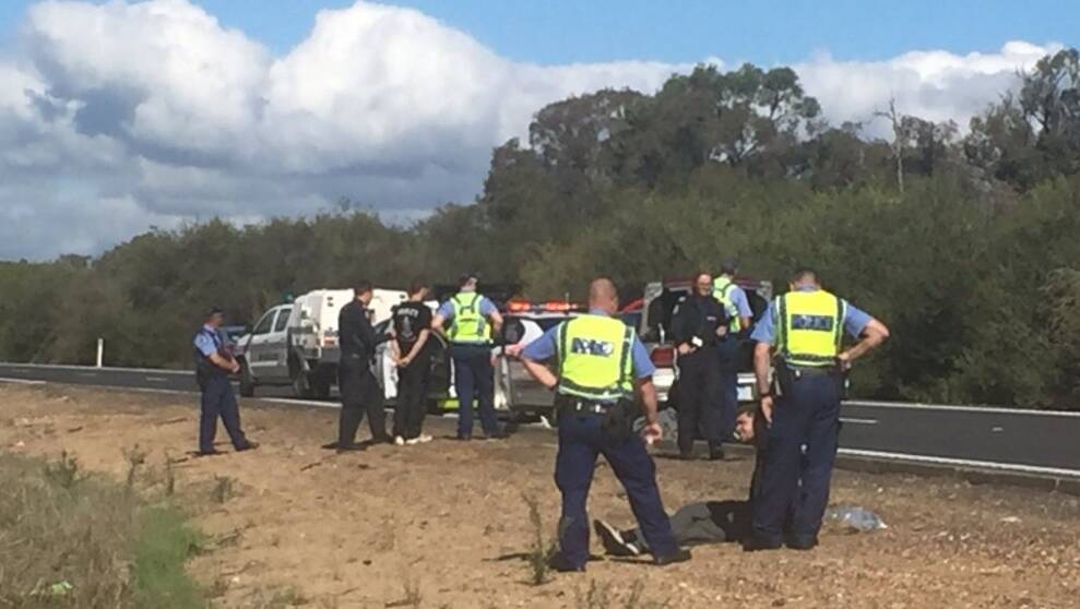 Police used a stinger device to stop a car in Australind on Tuesday morning that police had been chasing since Perth. Photo: Michael Genovese/Nine News Perth.