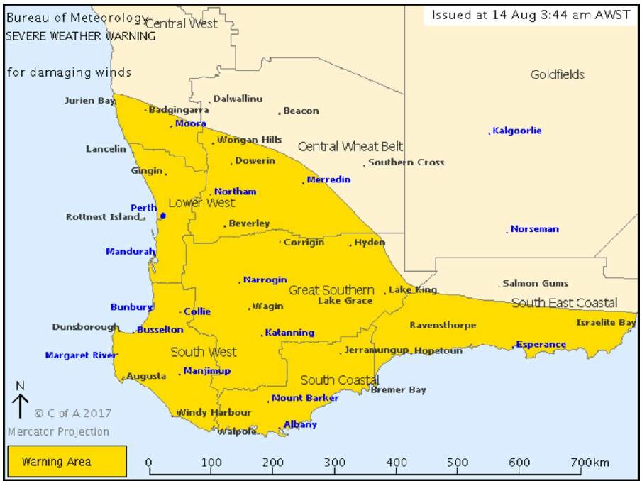 Areas under the severe weather warning as of 3.44am Monday morning. Photo: BOM.