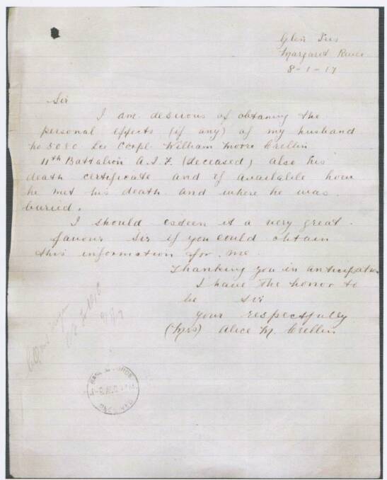 Measured, careful, respectful: The newly widowed Alice Crellin s original letter to the AIF requesting details of her husband s death and any of his possessions.