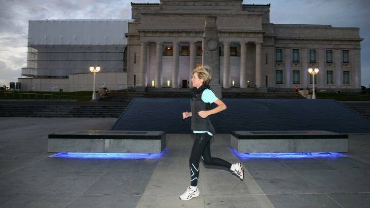 Foreign Minister Julie Bishop during an early morning run past the Auckland War Memorial Museum. Photo: Alex Ellinghausen
