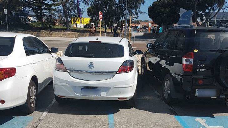 The car was parked over the blue dividing line. ACROD bays are typically wider than an average parking space. Photo: Ruth Harte