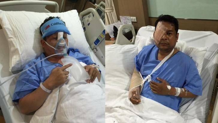 Cambodia National Rescue Party assembly members Kung Sophea and Nhay Chamraoen at a Bangkok hospital after the October attack in Phnom Penh.  Photo: HRW