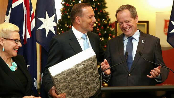 Prime Minister Tony Abbott and Opposition leader Bill Shorten share a joke during the launch of the Prime Minister?'s Christmas Tree in Canberra on Monday. Photo: Alex Ellinghausen