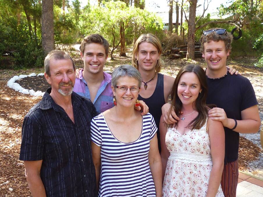 Back home: Roger and Judi Westaway at home with sons Nic, Mark and Luke (with fiancee Corinne Jackson).