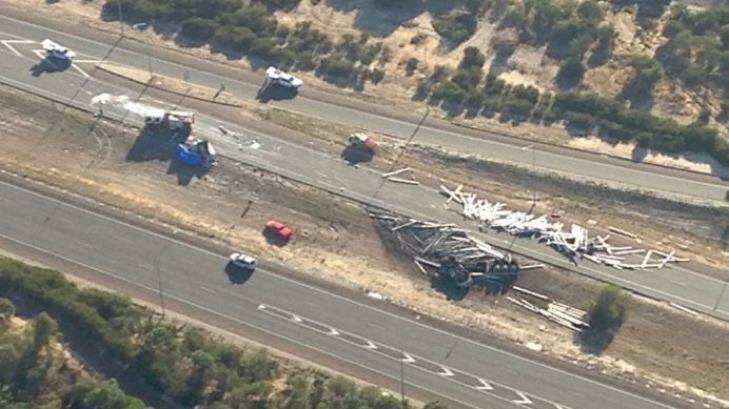 An aerial view of the crash on Kwinana Freeway in which two people died. Photo: Nine News