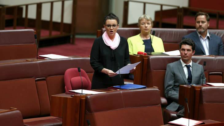 Tasmanian Senator Jacqui Lambie announces her resignation from the Palmer United Party in the Senate on Monday. Photo: Alex Ellinghausen