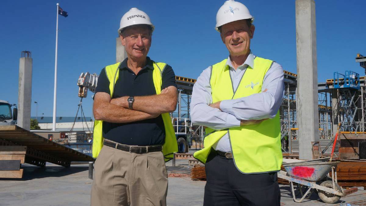 Citygate directors Steve and Geoff Prosser said the Eaton Fair expansion is progressing well, with the multi-level car park going up over the last three weeks. Picture: Ross Verne/Bunbury Mail.