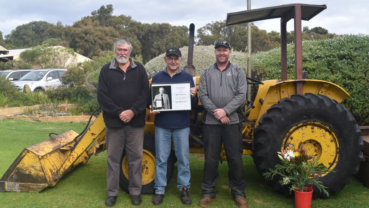 Vale, Roy: Life members Laurie Bedford and Ray Atcheson with course superintendent Mark Lewis bid farewell to their comrade. 
