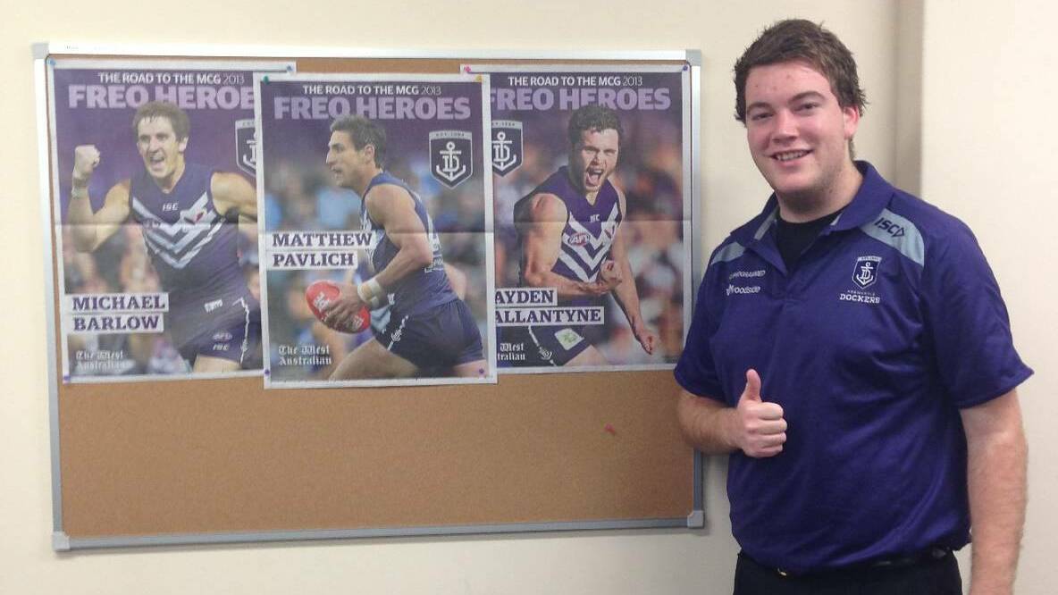 Bunbury Mail/Footy HQ journalist Justin Rake celebrating the Dockers first ever grand final appearance in 2013. Days later he was found crying on the floor.