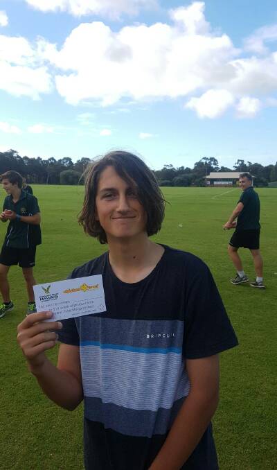 Margaret River Chicken Treat Under 16s Man of the Match, Killy Booth with his winning voucher. Photo; Margaret River Hawks CC