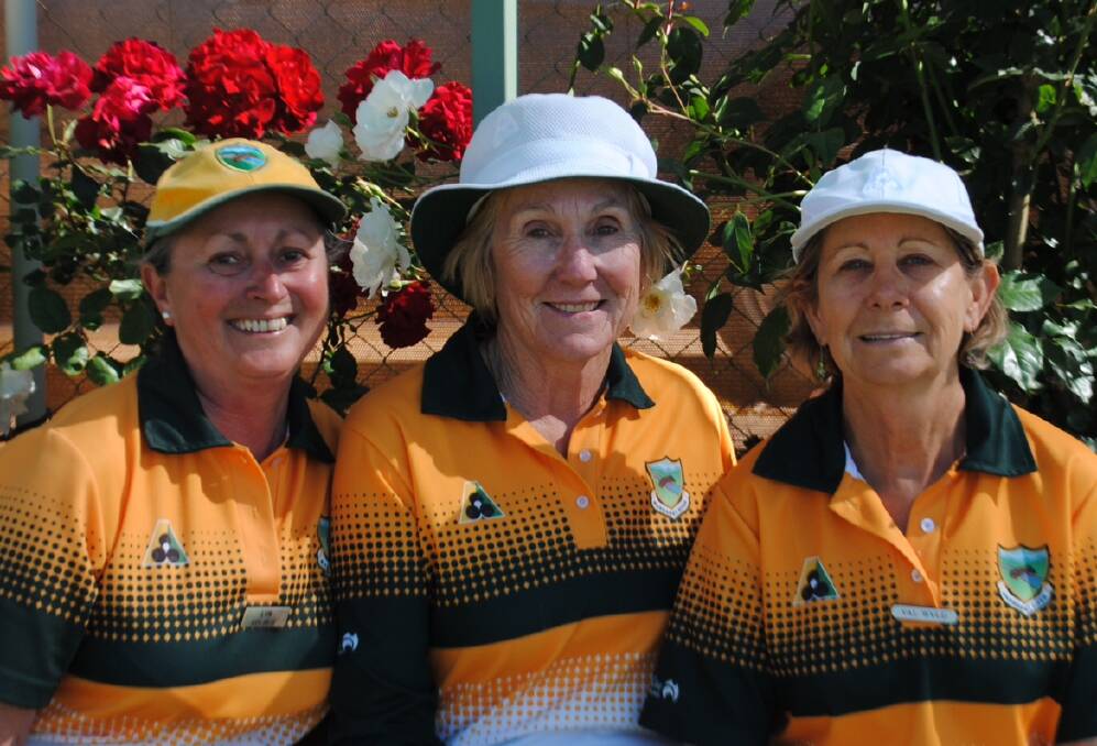 Winning grins: Women' Triples Champions Lyn Colmer, Jenny Campbell and Val Wyld. Photo: Nerolie Evershed.