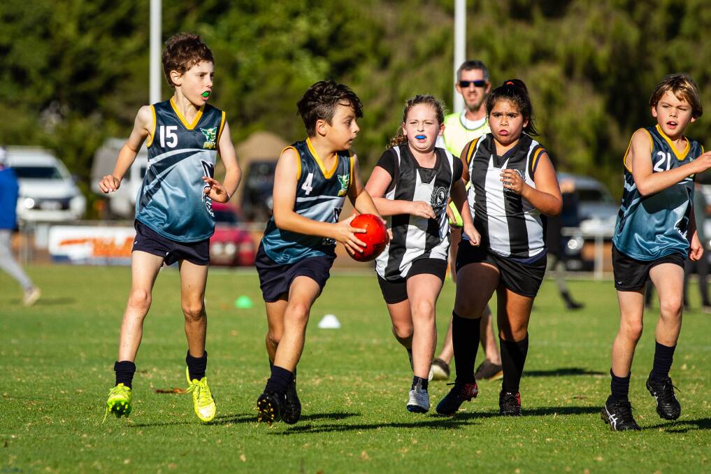 Jordan Zan searching for options while determined Magpies close in ready to swoop for the Hawks U9s. 