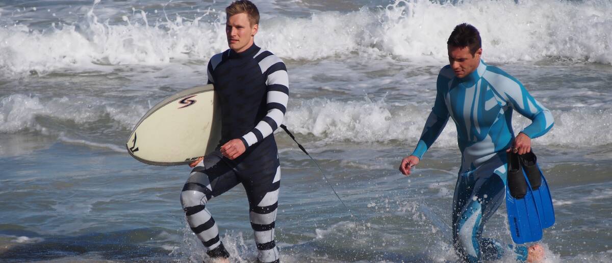 New tech: Some of the Shark Mitigation Systems state-of-the-art wetsuits, designed to deter sharks using scientifically developed visual patterns. 