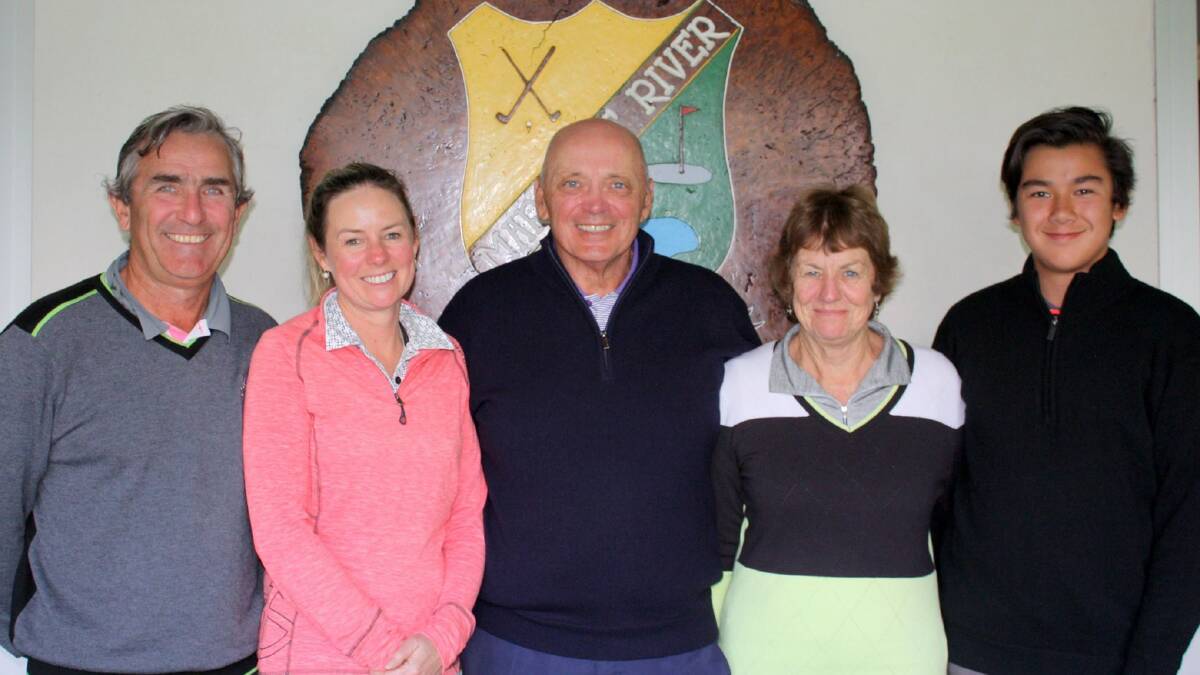 All smiles: (L-R) Net winners Gary Wightman, Roz Cummings, relief captain Dave Glasson, and gross winners Penny Foy and Nick Liebenberg.