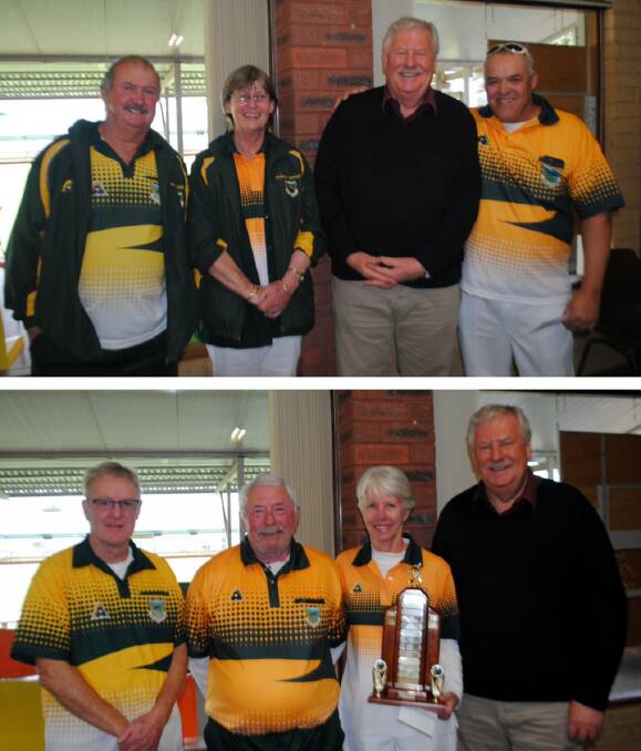 Grinners: (top) Runners up Paul Campbell, Shirley Coffey, Barry House MLC and Colin Maylor; (bottom) Winners Rob Scott ,Domenic Alfonsi, Yvonne Coffey with Mr House. 