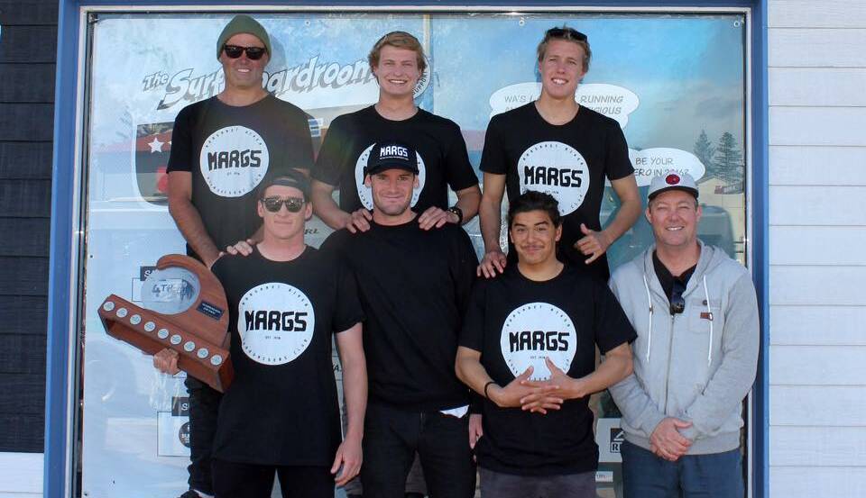 Champs: The Margaret River Boardriders team of Jerome Forrest, Jacob Willcox, Jethro Hedstrom, Andrew Sheridan, Jed Mattinson and Voltaire Takahashi claimed the prestigious Surf League trophy. Photo: Surfing WA / Majeks