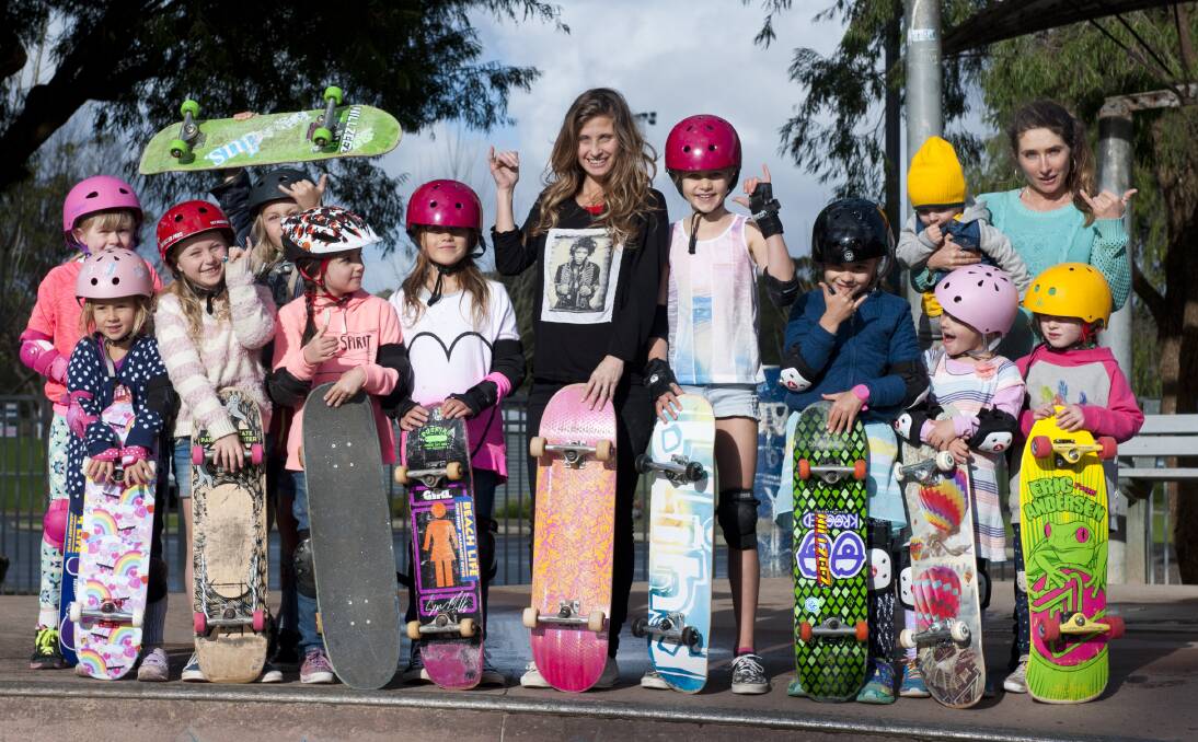 Serious skaters: Ness Moore (centre, in black) with some of her female students at the Margaret River Skate Park, where she holds classes for adults and kids. Photo: Margaret River Skate School.