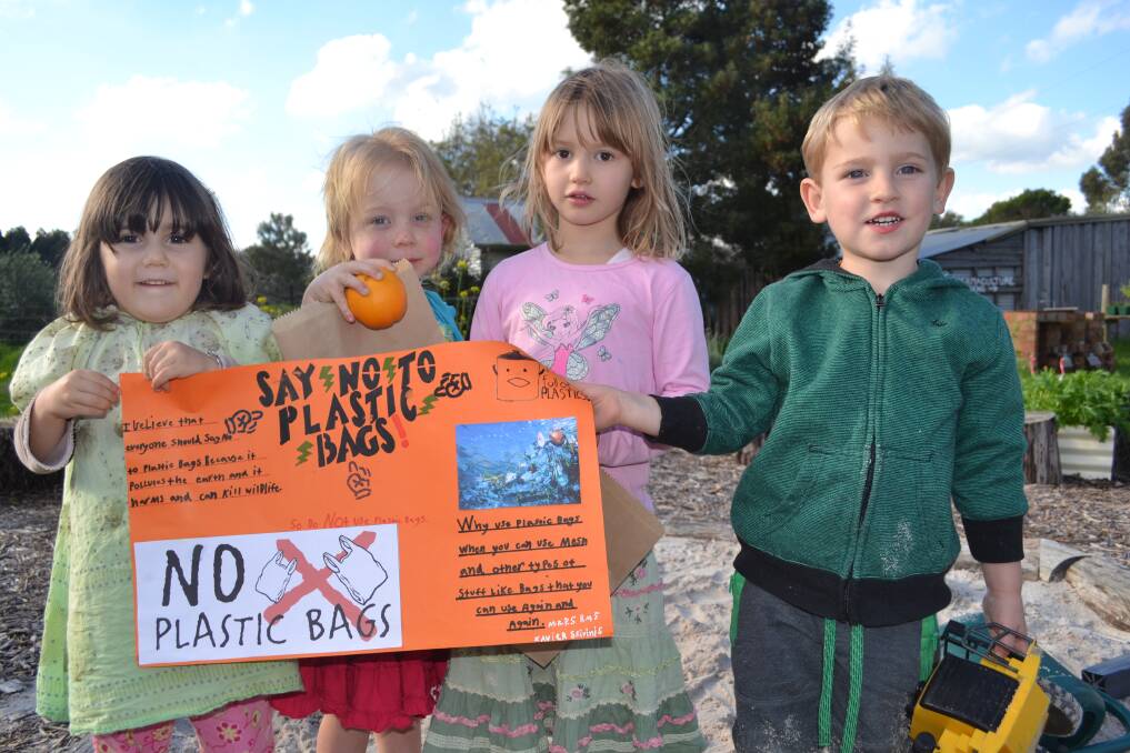 No plastic bags: Charlotte Gronow, Ocea Curtis, Indira Rouw and Bailey Thorburn help spread the message.
