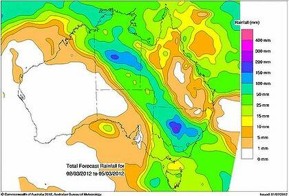 More rain ... the Bureau of Meteorology's four-day forecast rainfall - from 6.30am today to March 5, for Australia.