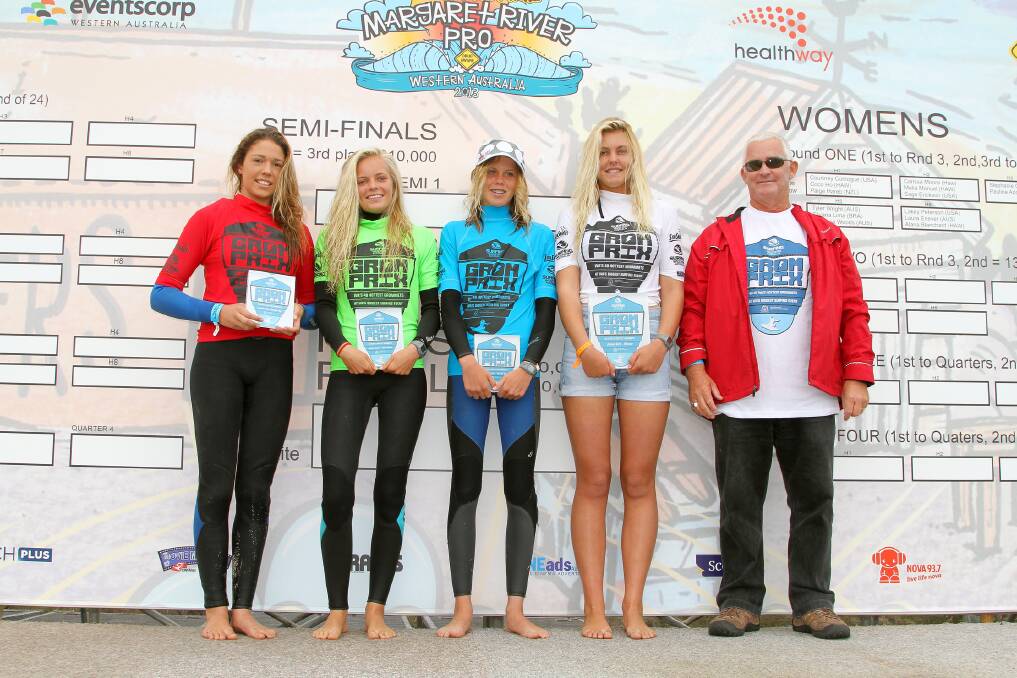 Grom girls: Finalists Eliza Greene, Luciana Burke and Bailee Hastie with winner Ella Massie and Surfing Australia’s Martin Dunn. Pics: Surfing WA/Woolacott