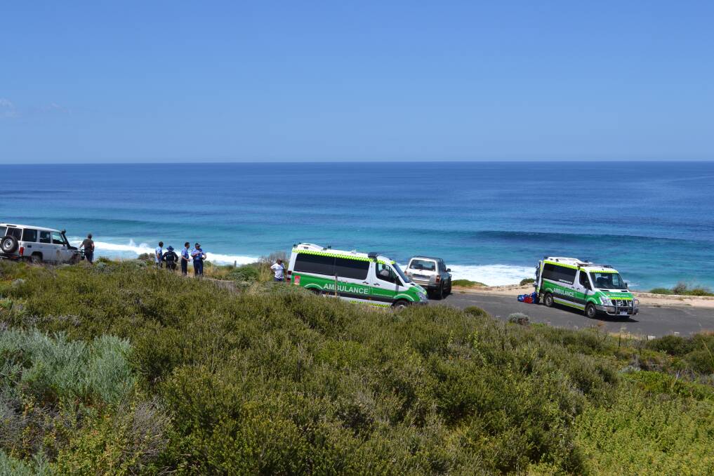 Emergency services investigate at the Umbies surf break scene in Gracetown. Photos by Zannia Yakas