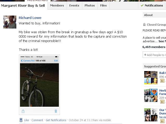 Mr Lowe's post on the Margaret River Buy and Sell Facebook page advertised a hefty reward.
