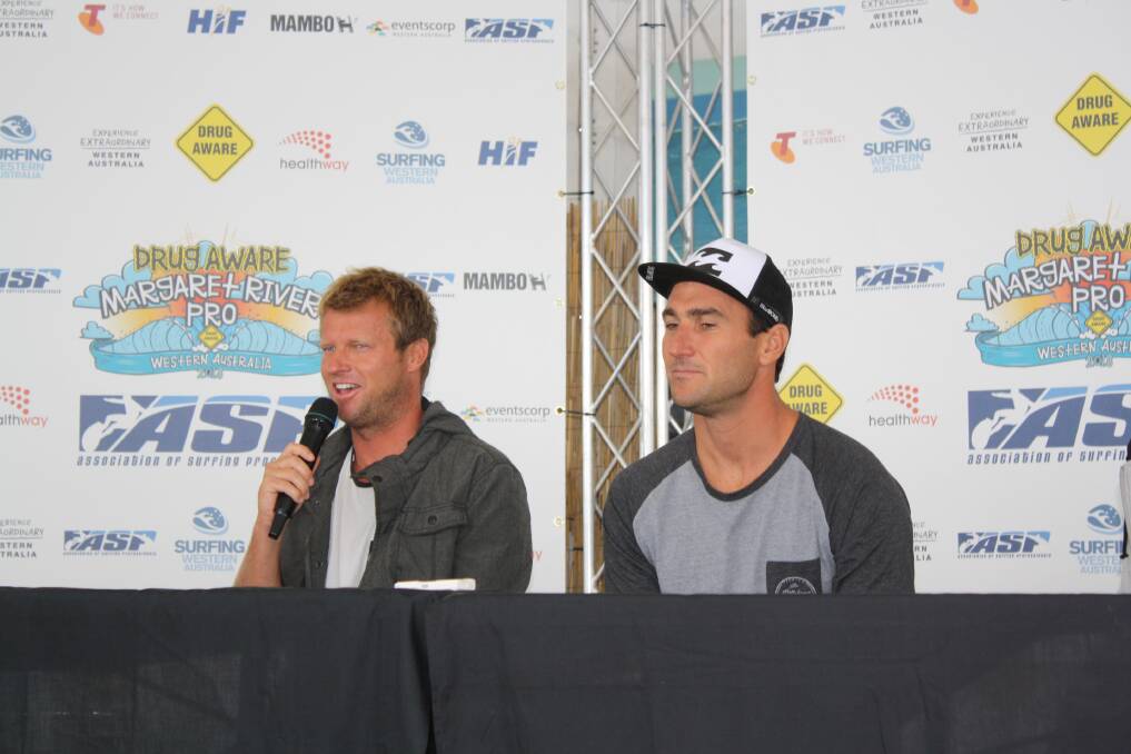 Talking surf: WCT's Taj Burrow and Joel Parkinson discuss the intensity of Margaret River's surf breaks. Photo: AMR Mail