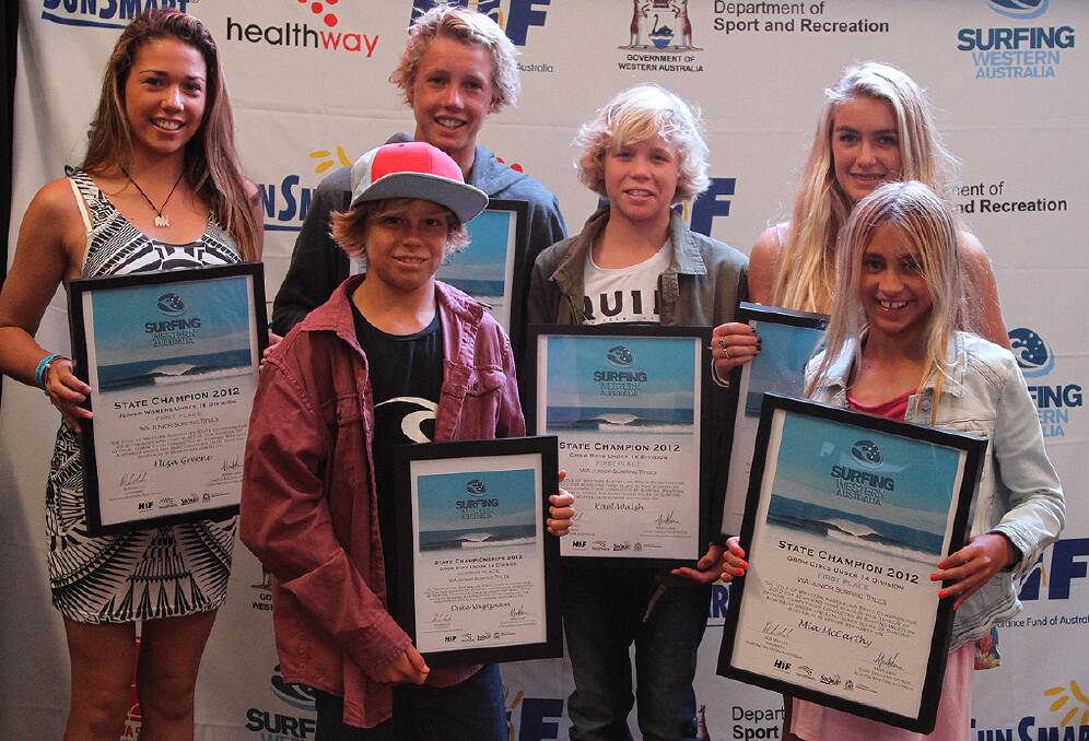 Groms: Eliza Greene, Duke Nagtzaam, Jacob Wilcox, Kael Walsh, Ella Massie and Mia McCarthy are crowned the 2012 Chill WA Junior Surfing State Champions.