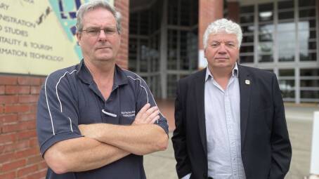 BACK TO SCHOOL: NSW Teachers Federation TAFE organiser Rob Long and South Coast Labour Council secretary Arthur Rorris said a dozen apprentices from Nowra to Cobargo have been told they may have to repeat years of their course. Image: Grace Crivellaro.