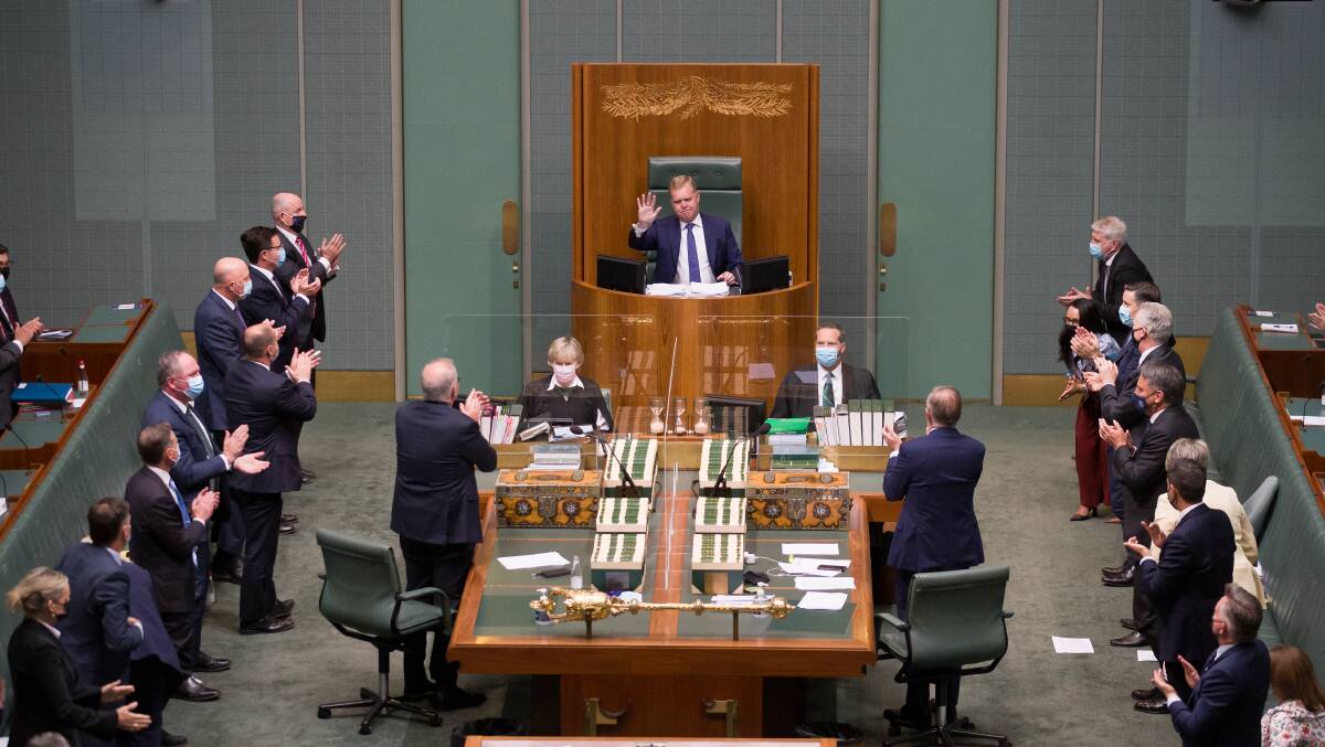 Speaker of the House of Representatives Tony Smith receives a standing ovation during question time on Monday. Picture: Sitthixay Ditthavong