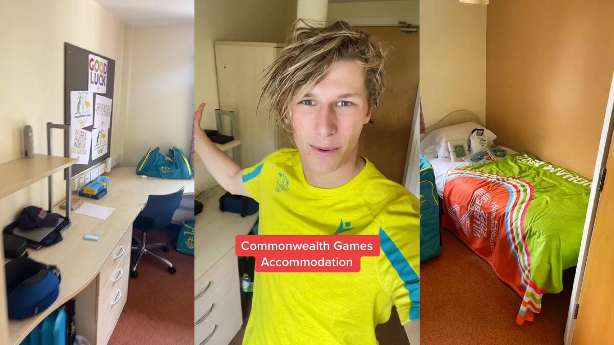 Australian diver Sam Fricker (centre) gave a tour of his room, which included a bed (right), desk (left) as well as a cupboard and shower. Photo: Sam Fricker via TikTok