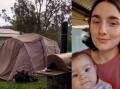 Sushannah Taylor and her six-month-old daughter Luna (right) and a tent their family of four lived in a person's backyard in Bundaberg (left).