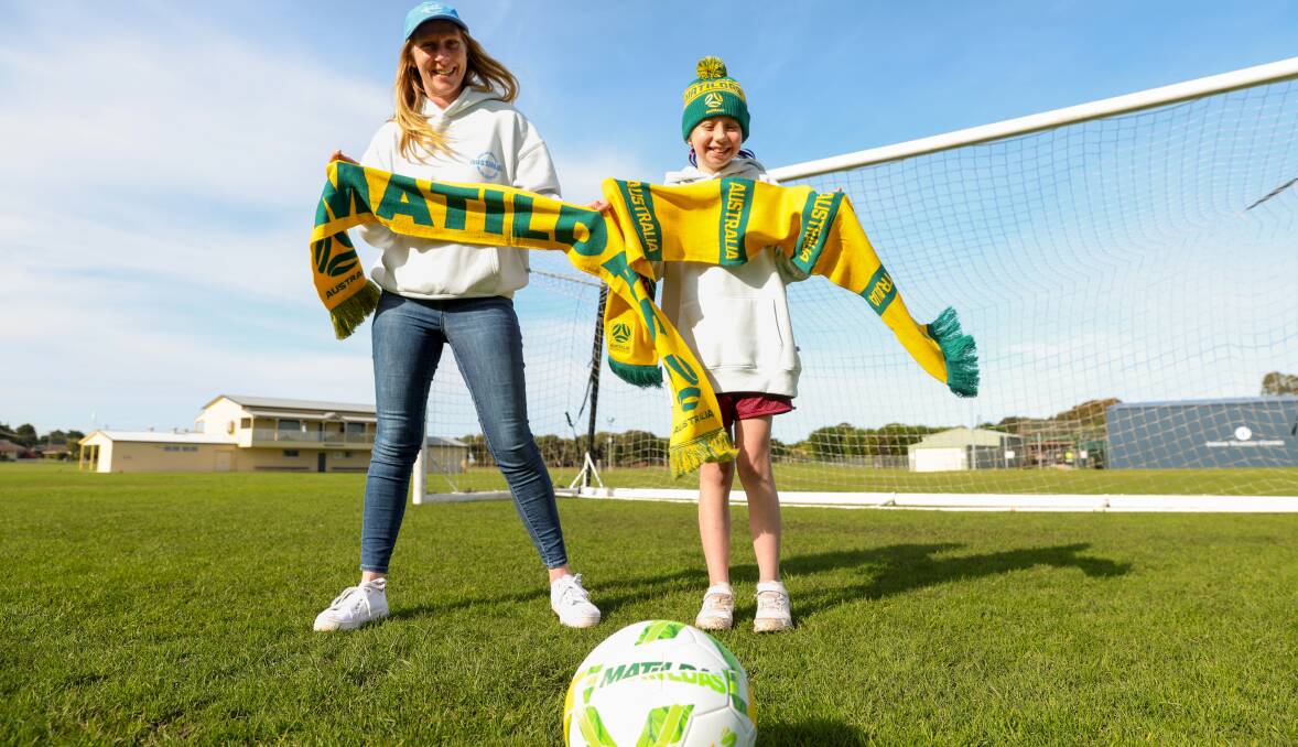 Matildas supporters Cara Coxall and Mia Coxall at Southcombe Park, Port Fairy. Picture by Eddie Guerrero