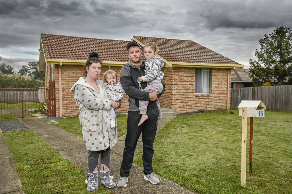 Kaitlyn Lee-Lincoln and Kain Capodici, with Sophia, 3, and Ava Capodici, 18 months, at their Community Housing premises in Rocherlea where they struggle to make ends meet. Picture: Craig George