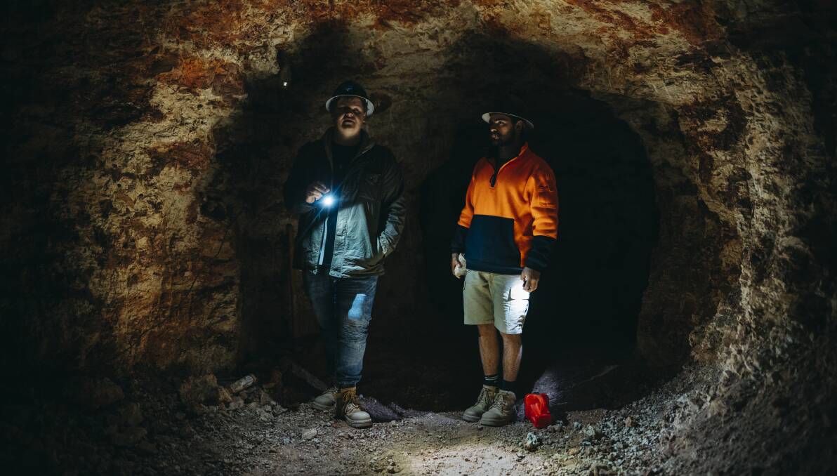 Treasure hunters Jaymin Sullivan and James 'JC' Caruana in their White Cliffs opal mine. Picture: Dion Georgopolous