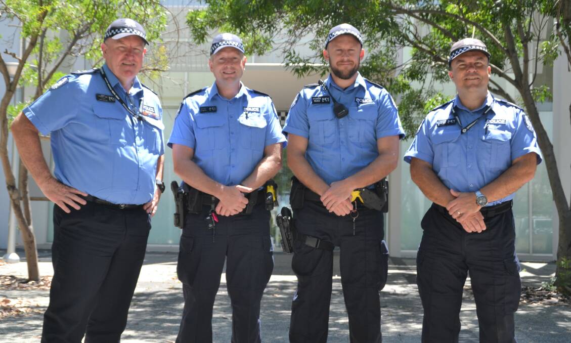 Protecting the community: South-West District Superintendent Geoff Stewart, constable Hamish Kydd, constable Gavin Aylmore, and sergeant Jon Adams.