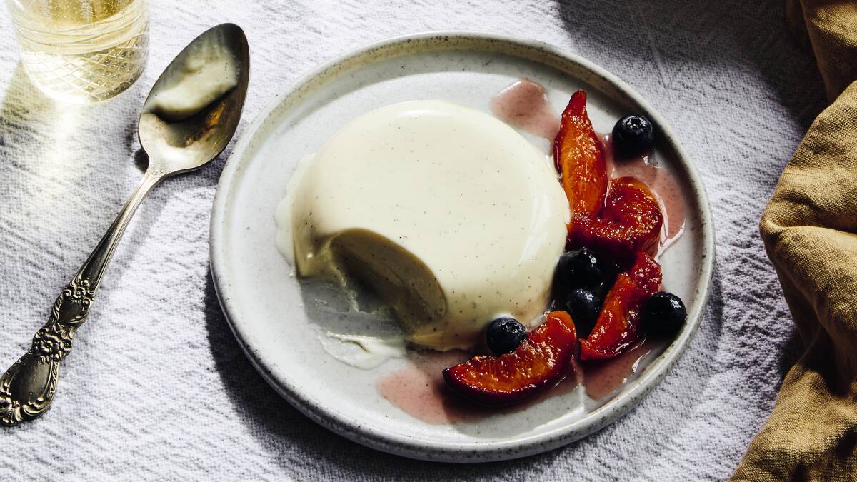 Panna cotta with roasted nectarines and blueberries. Picture: Armelle Habib