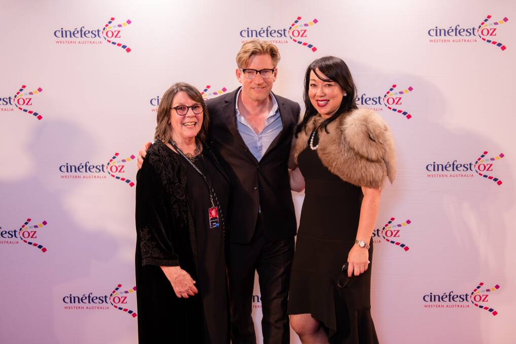 CinefestOZ chair Helen Shervington, actor David Wenham and board member Margaret Buswell on the red carpet at last year's event. Image by Court McAllister.