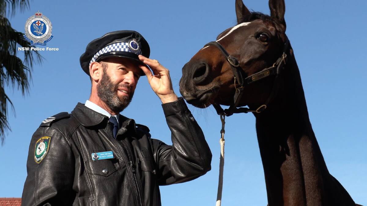 Senior Constable Patrick Condon and police horse Tobruk. Images: NSW Police
