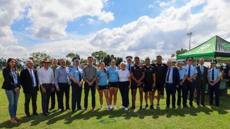 The Premier Chris Minns with Ministers and NRL and Polcie officials in Moree to announce Project Pathfinder to help at risk kids. Picture supplied. 