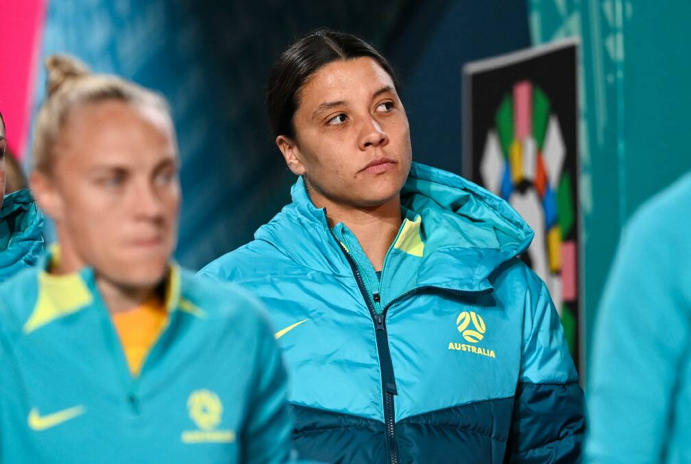 A forlorn Sam Kerr walks out with the Matildas bench at Stadium Australia on Thursday night. Picture Getty Images