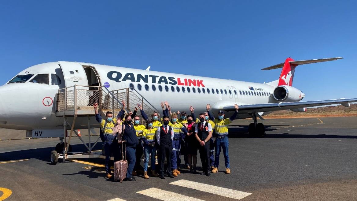 Some of the Fortescue Metals Group staff on the first charter flight from Busselton Margaret River Airport to the Pilbara. Photo is supplied.