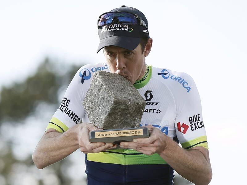 Aussie cyclist Mat Hayman celebrating his stunning Paris-Roubaix success back in 2016.