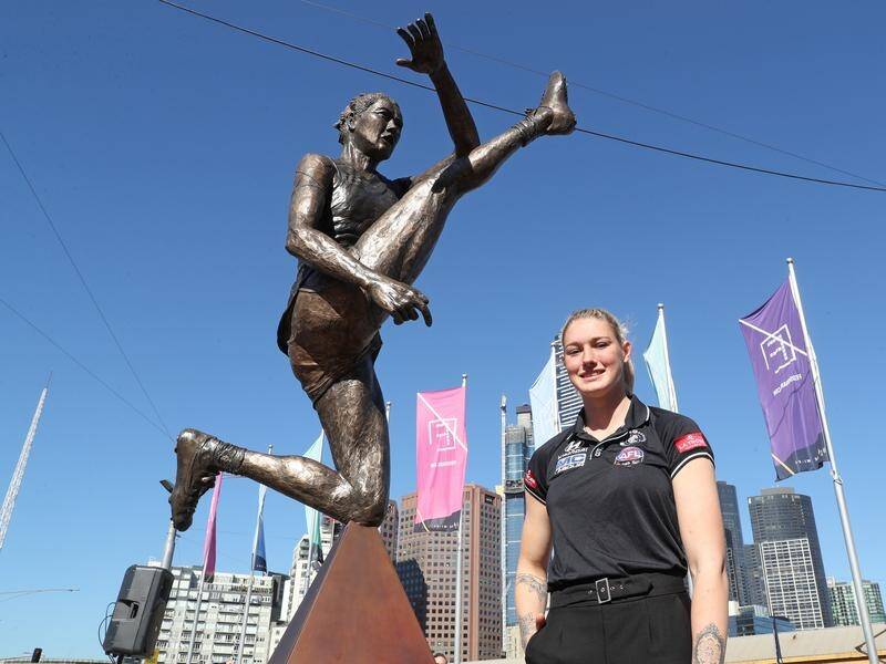The prototype statue of AFLW star Tayla Harris' famous kick will be moved to Melbourne's Docklands.