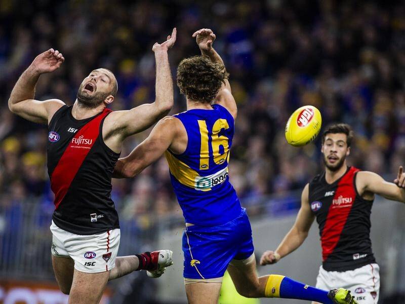 Tom Bellchambers of the Bombers (l) and Tom Hickey of the Eagles battle in Thursday's AFL clash.