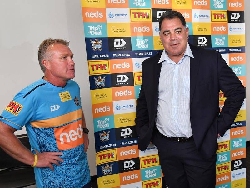 Gold Coast's culture and performance head Mal Meninga (r) leads a mid-season review of the Titans.