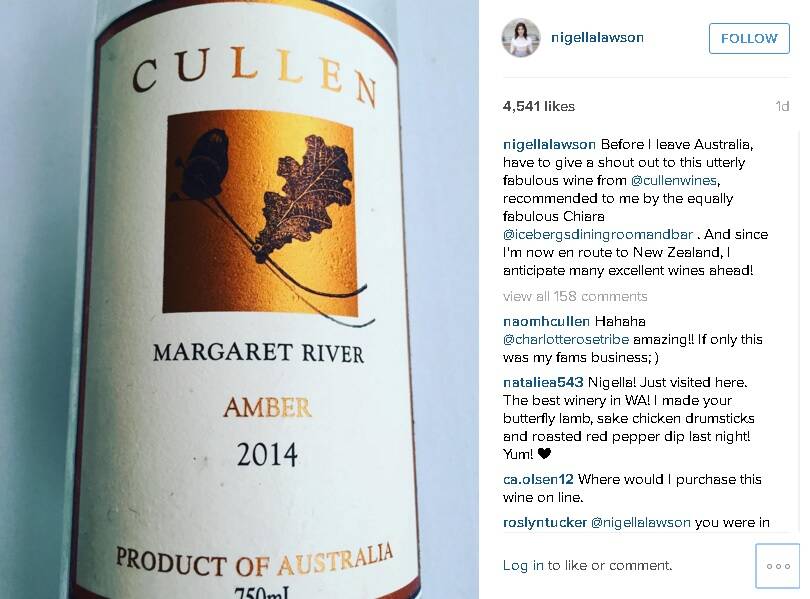 British celebrity chef Nigella Lawson took to Instagram on Sunday to tell her half-a-million followers about her love of Cullen Wines from Margaret River. 