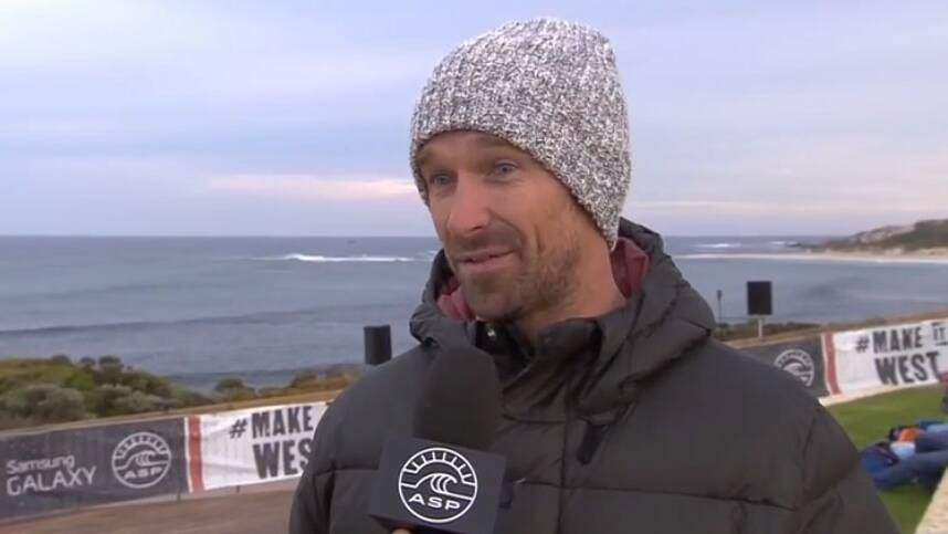 ASP commissioner Kieren Perrow makes the official standby call for the Margaret River Pro. Pic: ASP Dawn Patrol Morning Show video