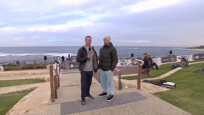 ASP commissioner Kieren Perrow makes the official standby call for the Margaret River Pro. Pic: ASP Dawn Patrol Morning Show video